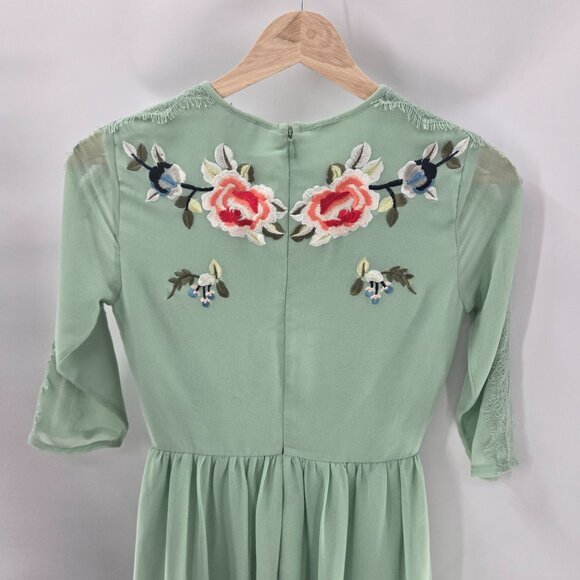 Asos Light Soft Green Floral Embroidered Lined Lace Trim High Neck Midi Dress 4 - Picture 7 of 15